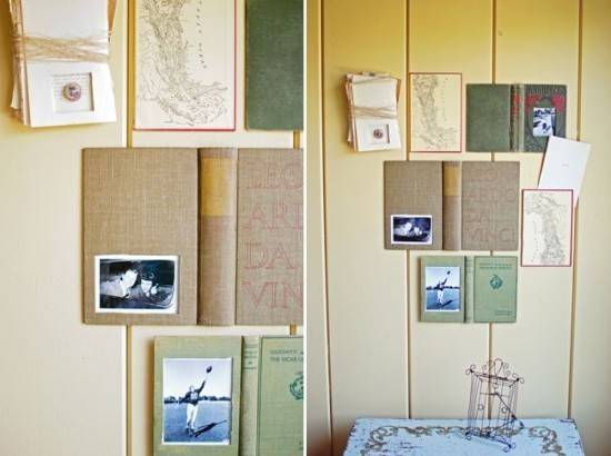 Books converted into wall decorations with pictures.