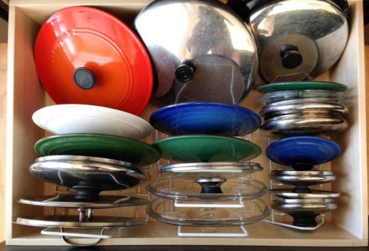 Pot lid organizer using old CD organizer