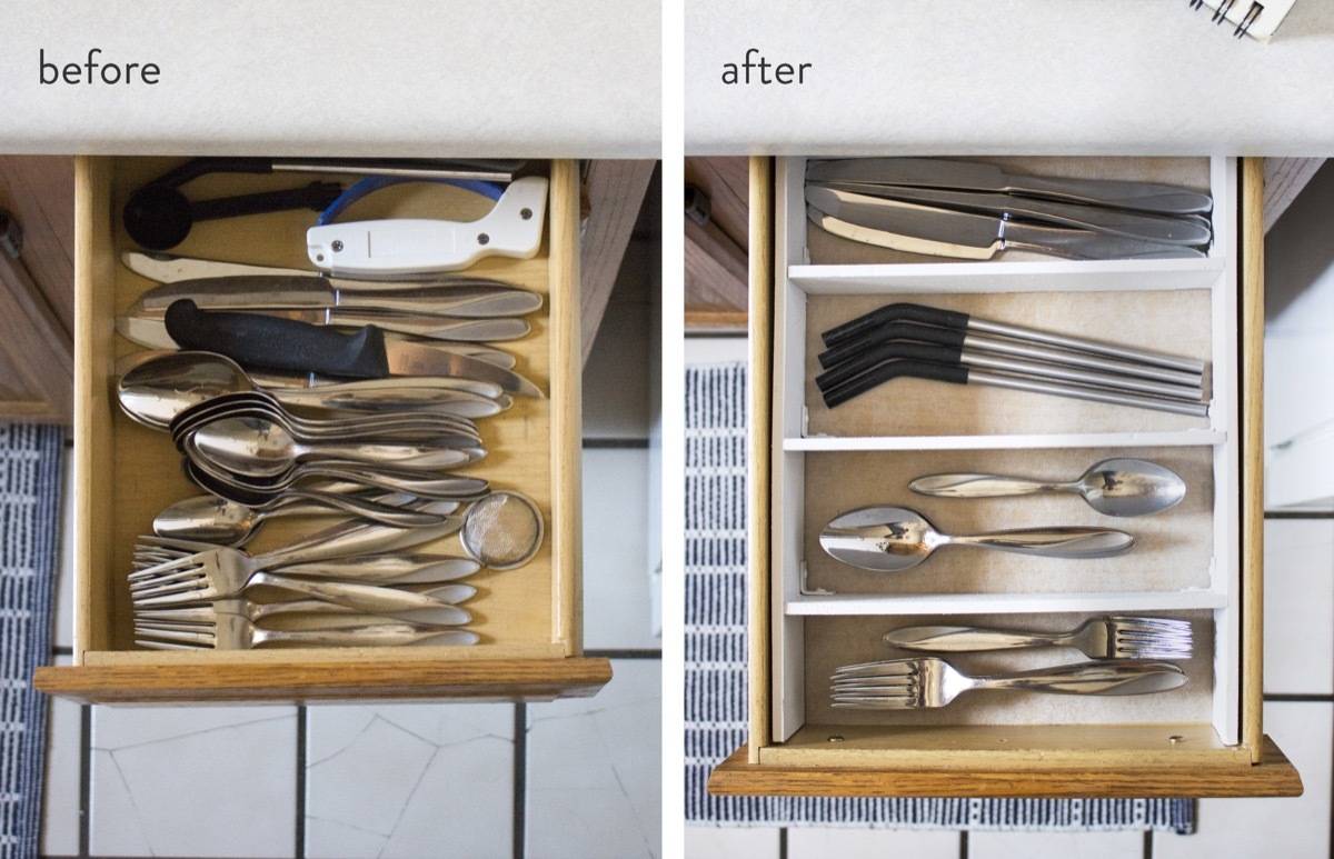 Before and after organizing utensil drawer
