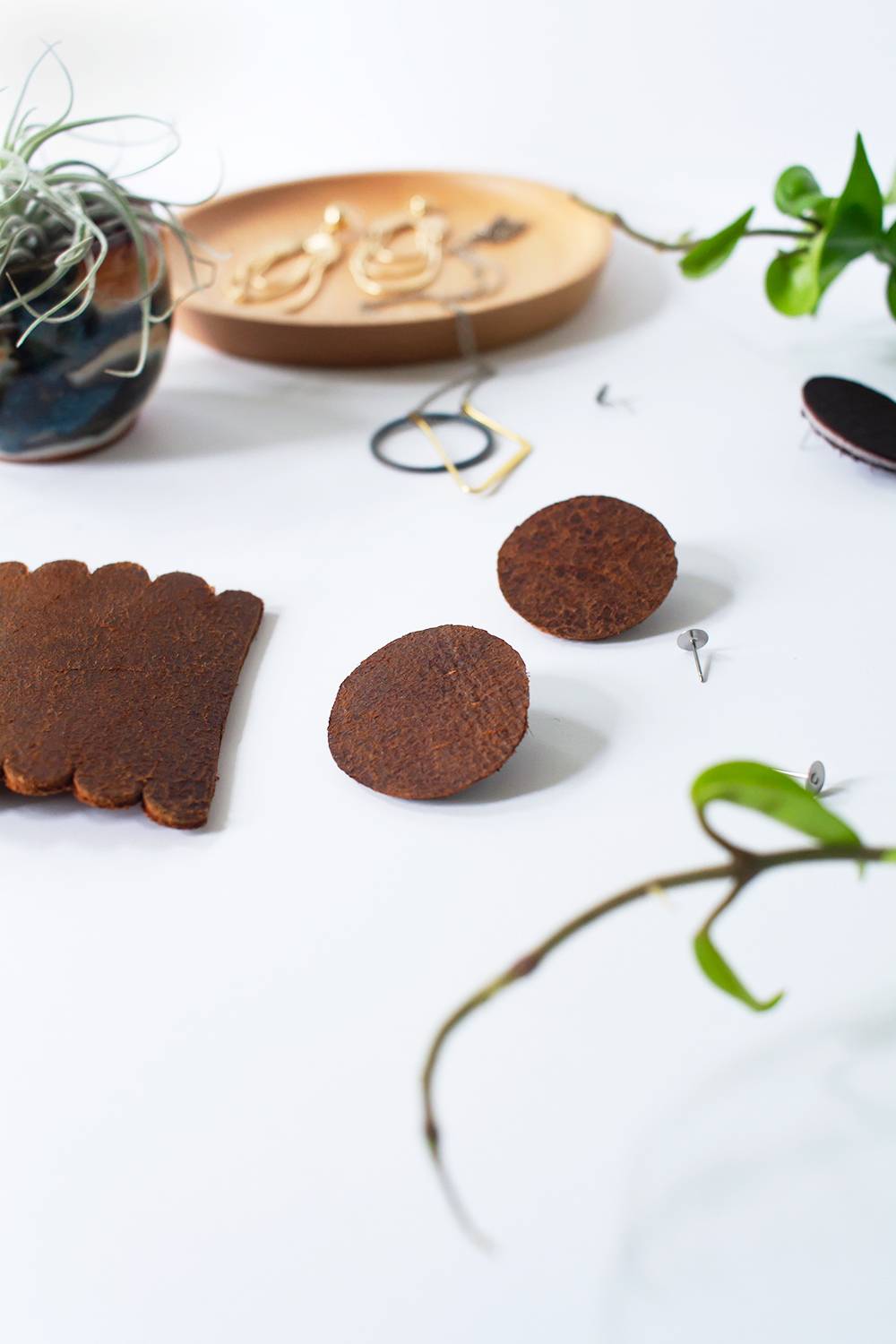 Closeup of leather earrings