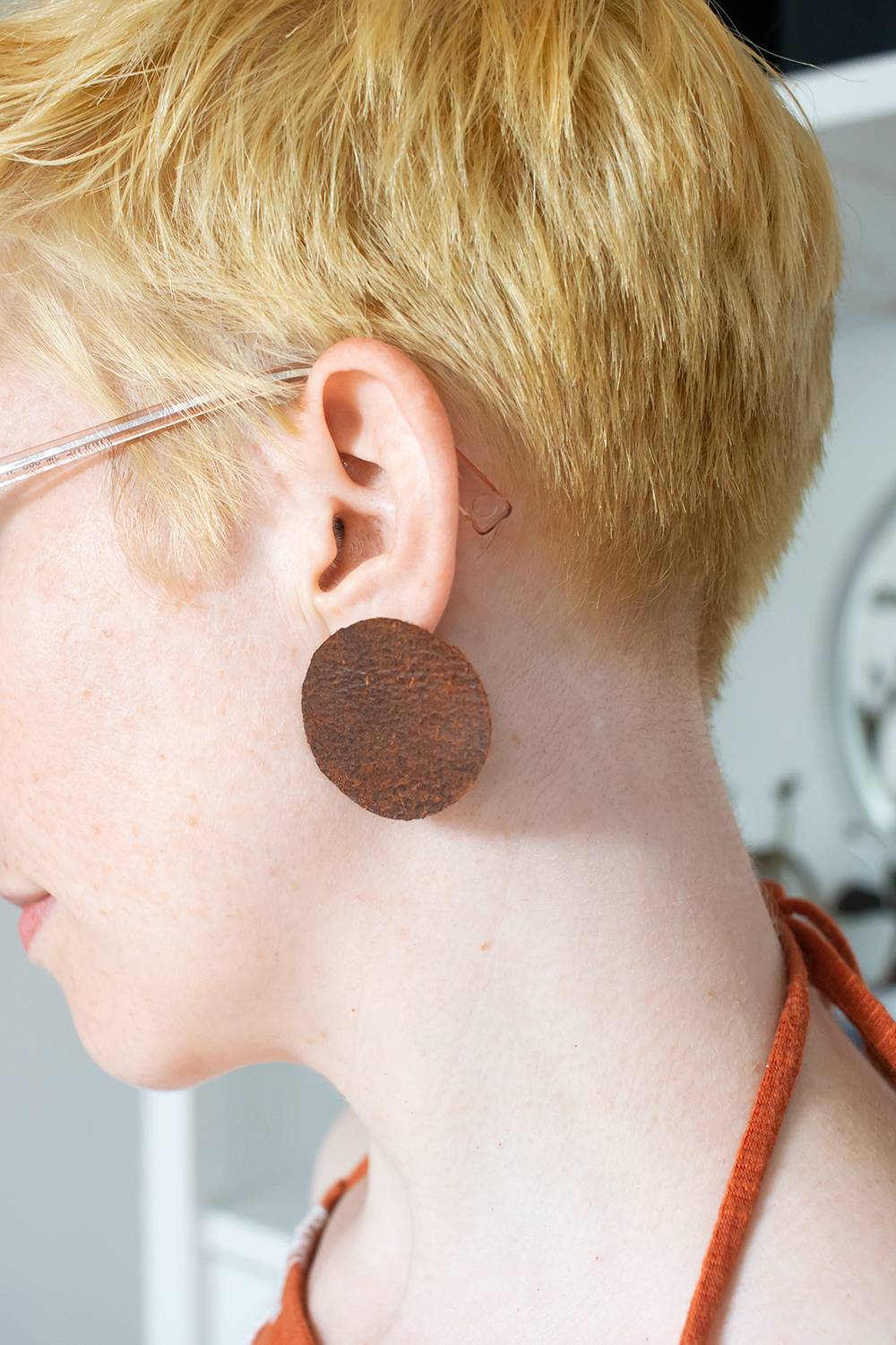 Closeup of DIY leather earrings