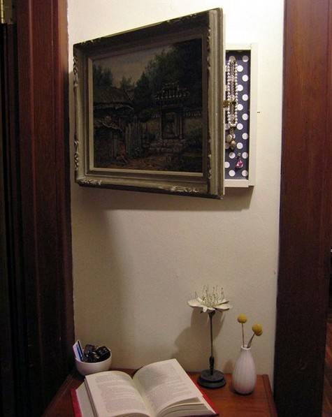 Jewelry organizer hidden behind painting