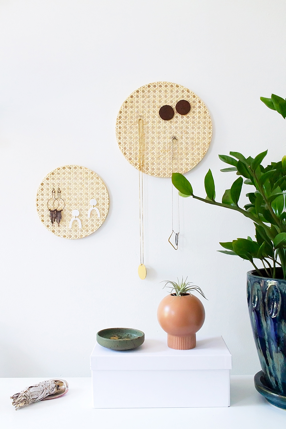 DIY rattan necklace and earring organizer