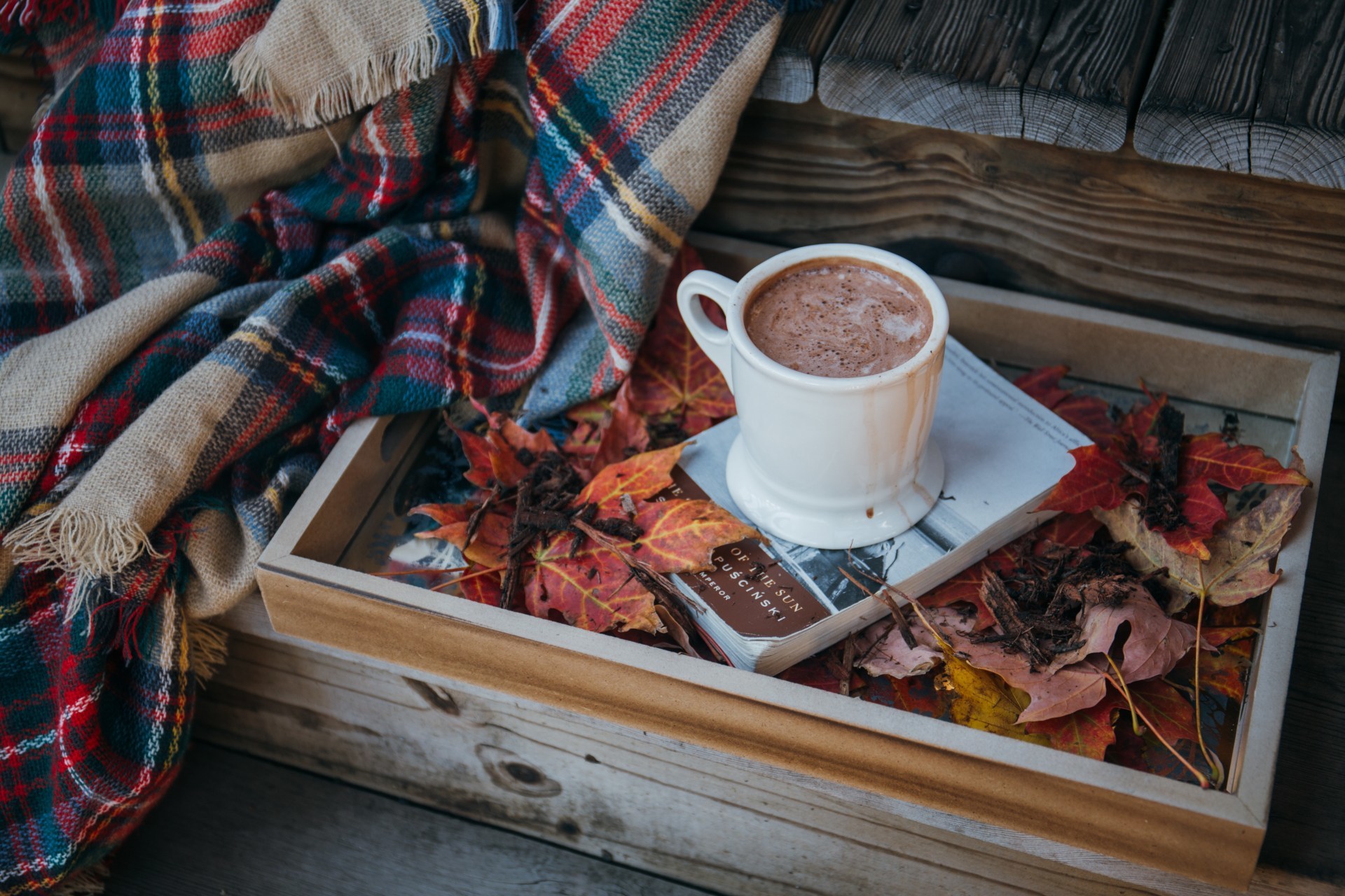 A cozy fall scene with a plaid blanket, hot chocolate, and fall leaves on a wood tray