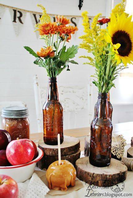 Cheap fall decor: brown glass bottle vases