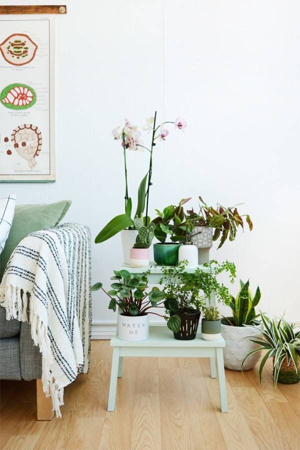 A couch is next to a table with many flowers on it.