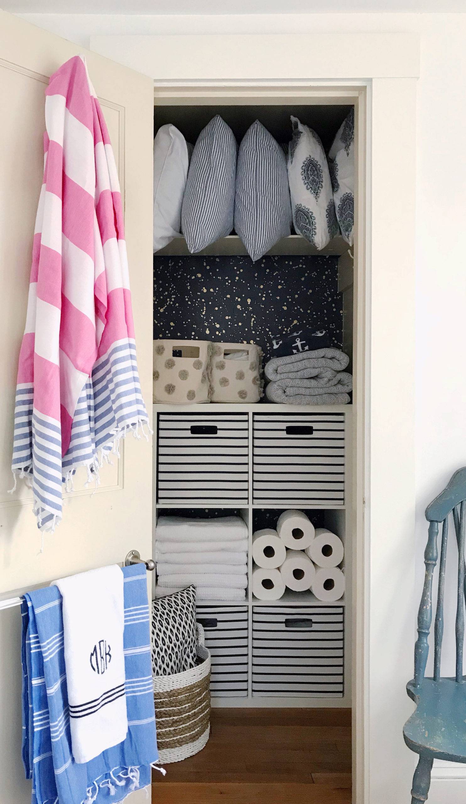 A well-organized closet filled with items.