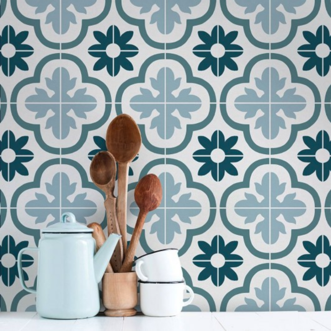 DIY stenciled tile backsplash