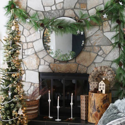 decorated fireplace without a mantel