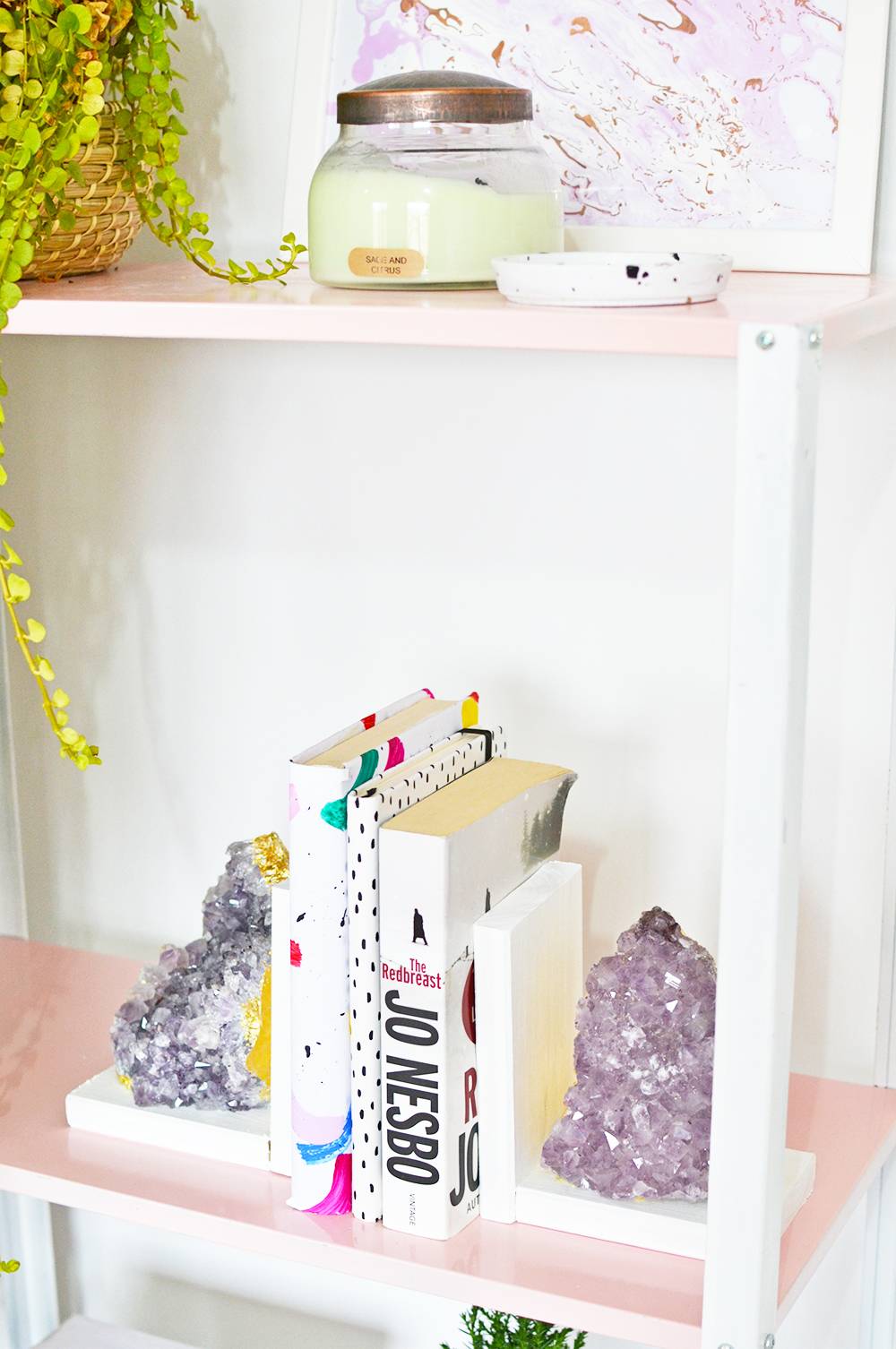 Now take a coffee break and pat yourself for doing such a great job. Find your favorite decor book, magazine or even your journal and stack them in between your two gorgeous amethyst bookends that you made for less than $60 when it could have cost you $150+