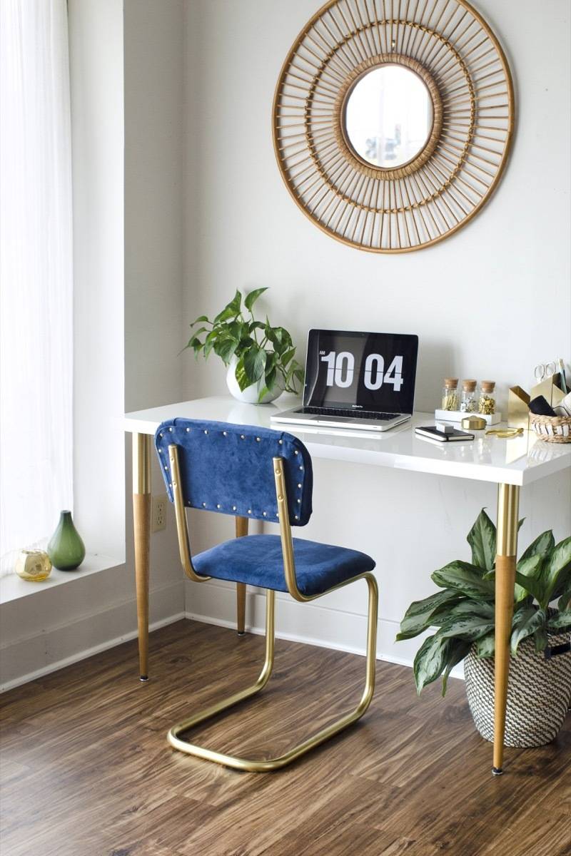 Chair makeover - vintage bent metal chair with velvet blue fabric