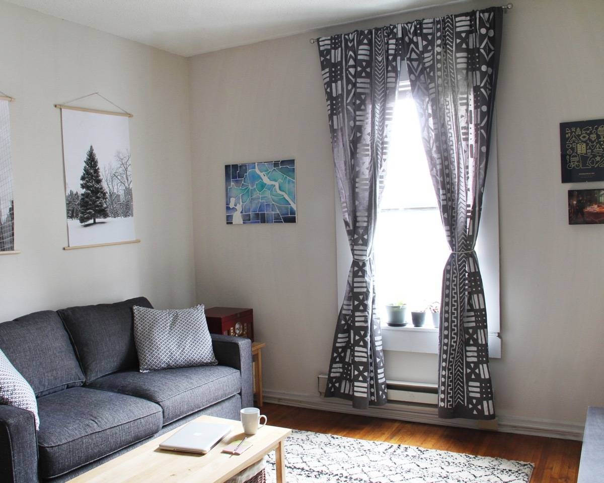 Landlord-friendly apartment upgrades: Hide ugly white shades with unique, bold curtains