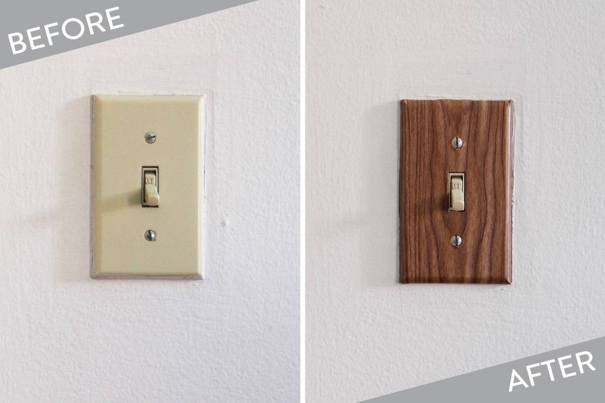 Light switch plate covered in contact paper