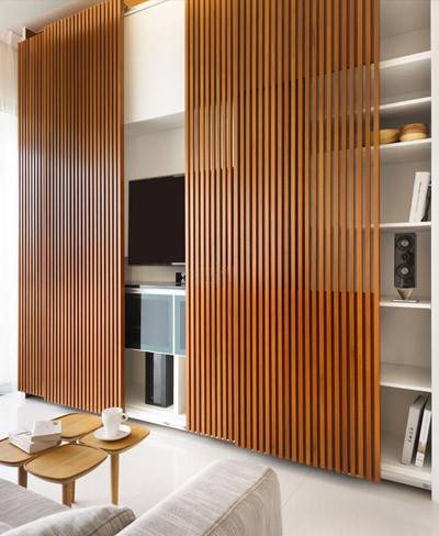 Sliding doors are open to reveal shelves holding books and a television.