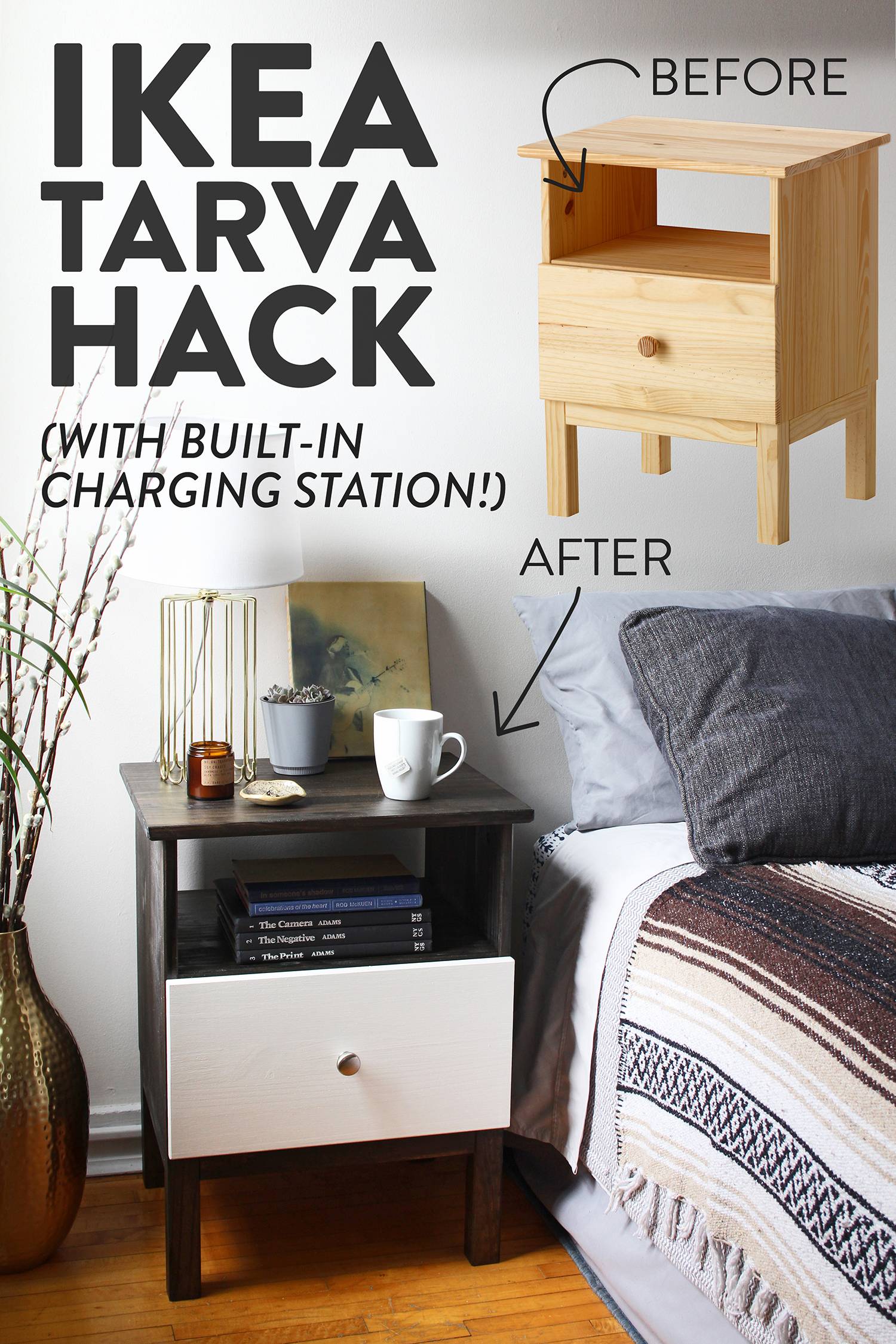 IKEA Hack With a Built-In Charging Station! Transform the Tarva nightstand with wood stain and paint for a fresh new look.
