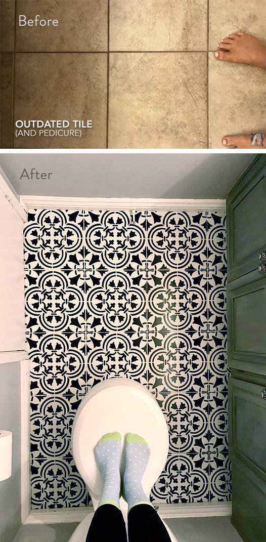 Floor tile paint job in pretty pattern