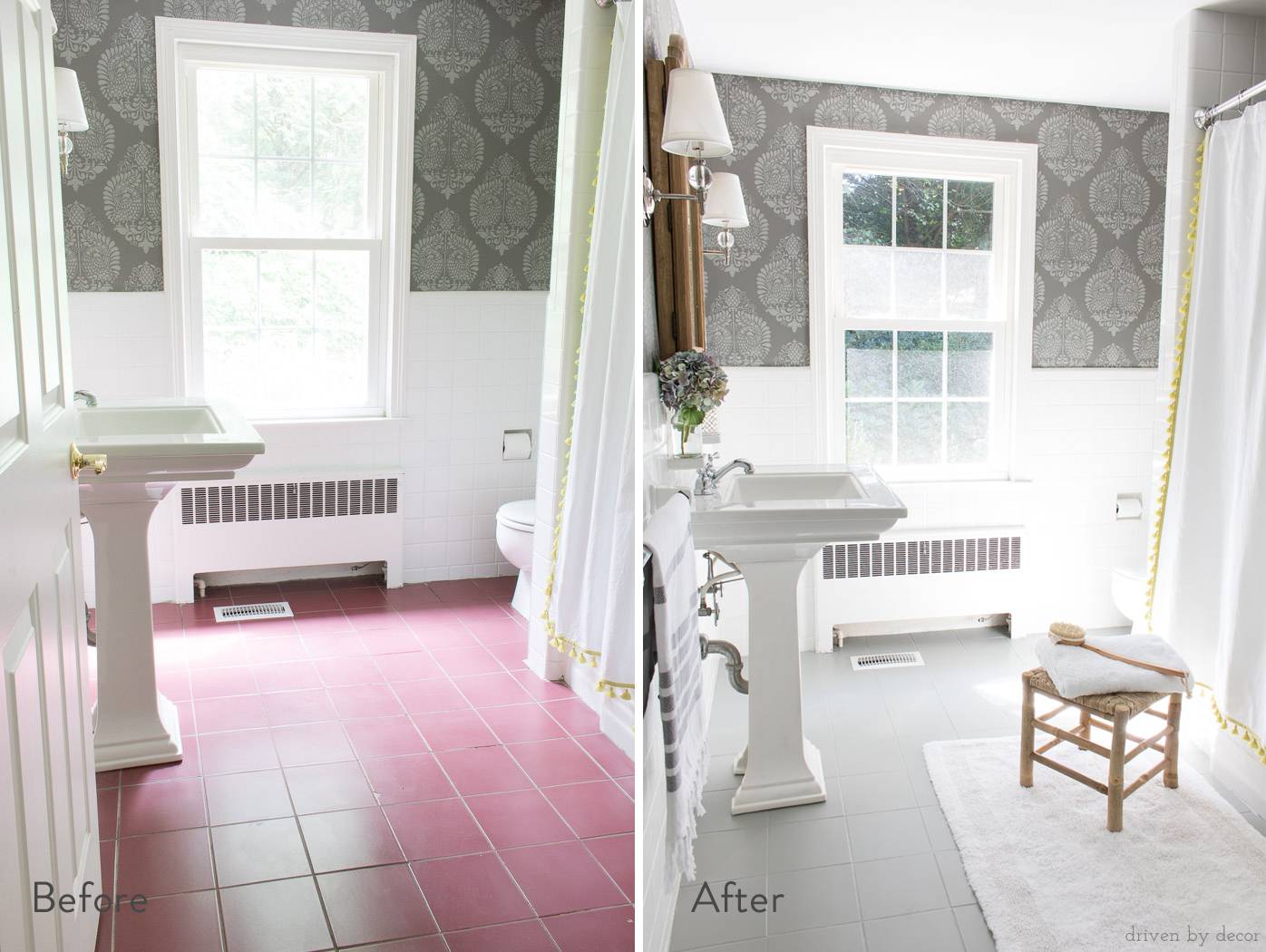 Before and after of painted floor tiles