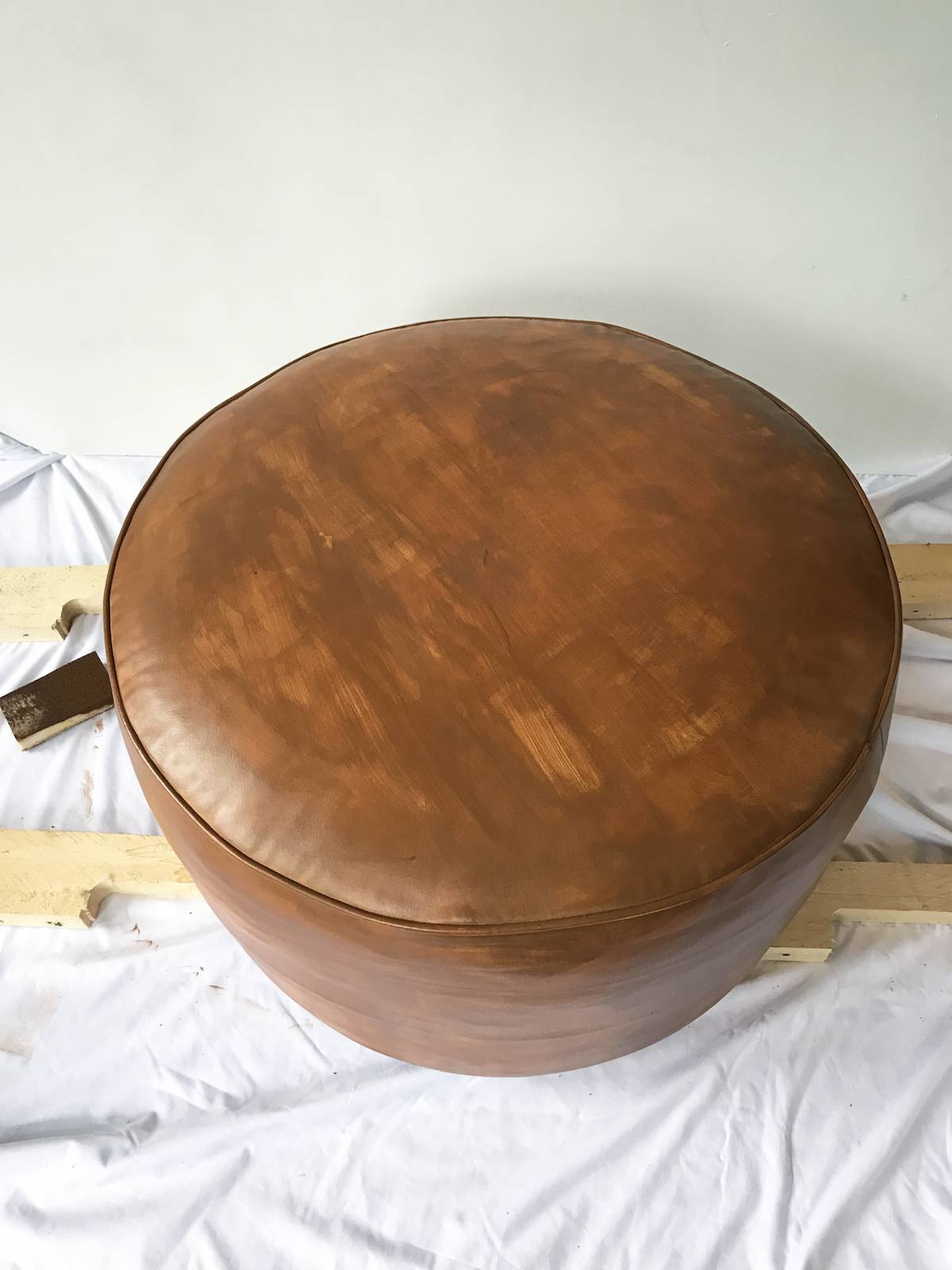 DIY Staining Old Leather Pouf Ottoman