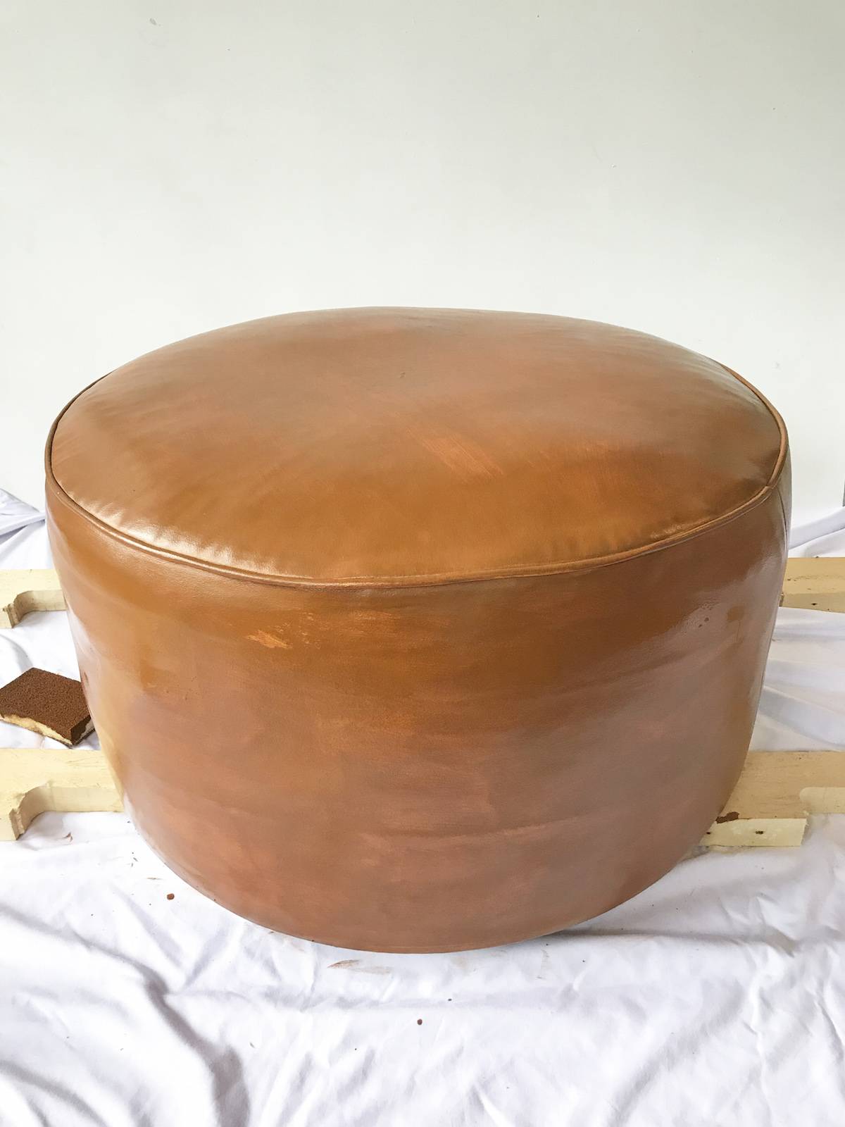 DIY Staining Old Leather Pouf Ottoman