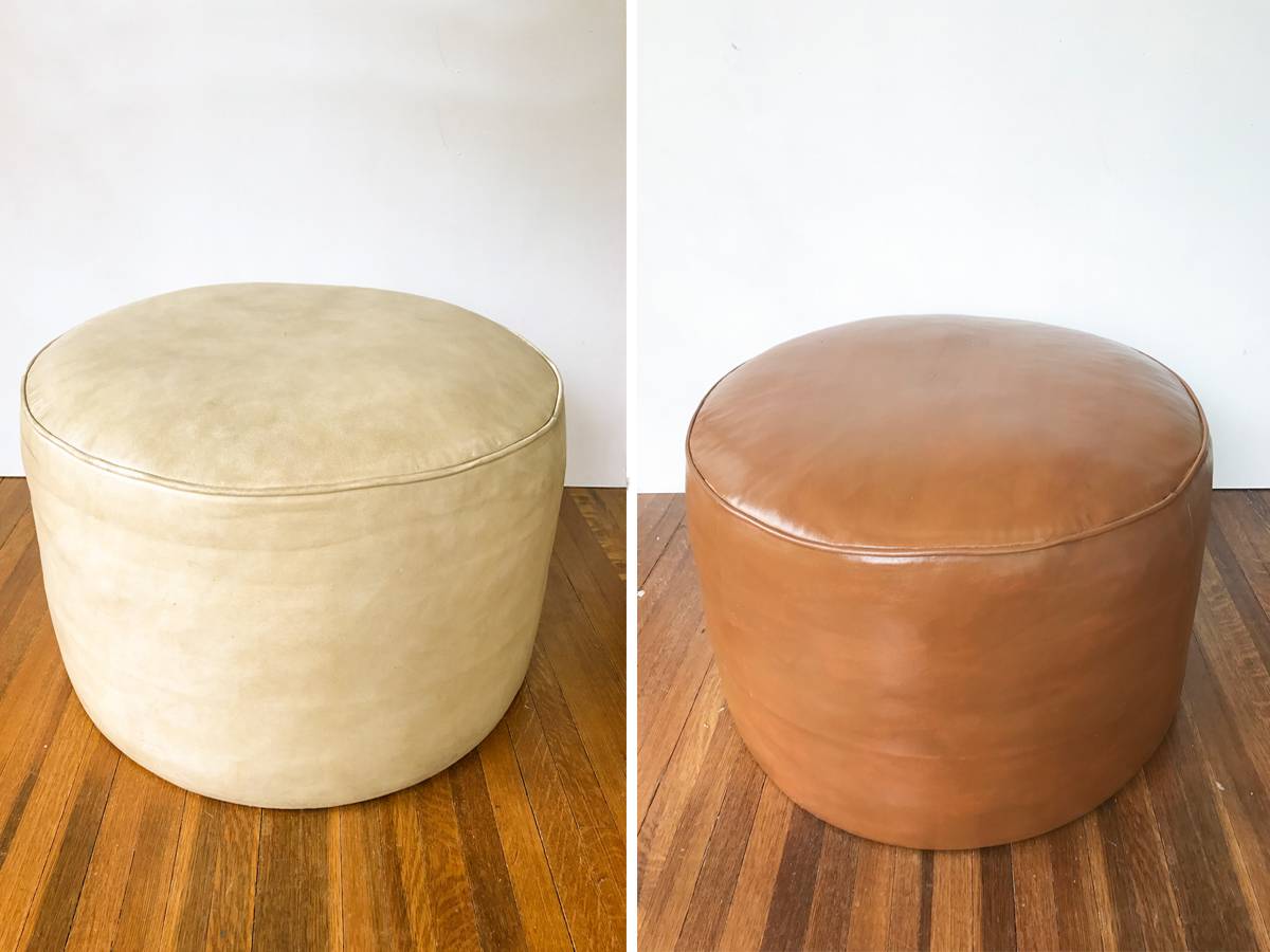 DIY Staining Old Leather Pouf Ottoman