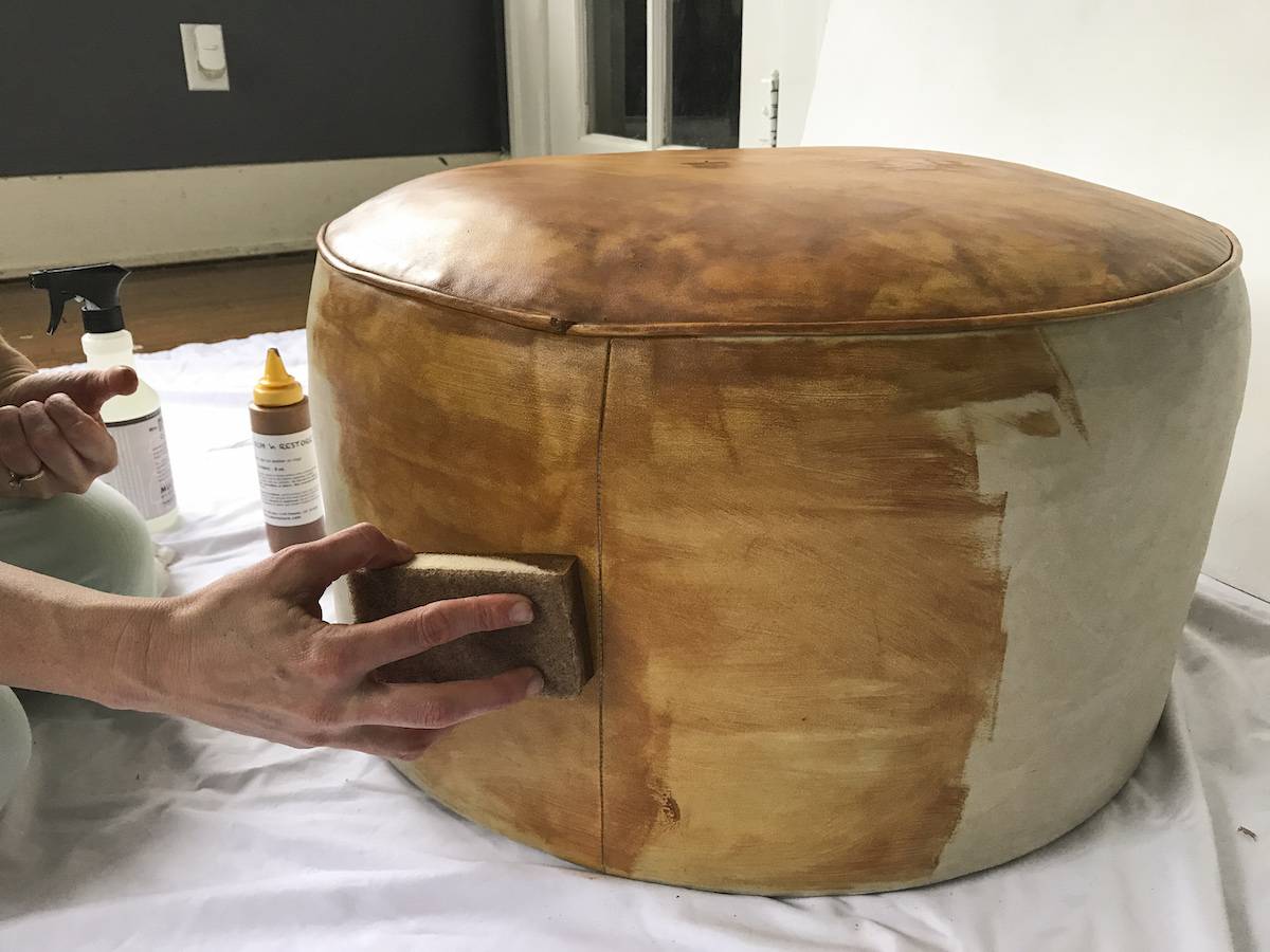 DIY Staining Old Leather Pouf Ottoman