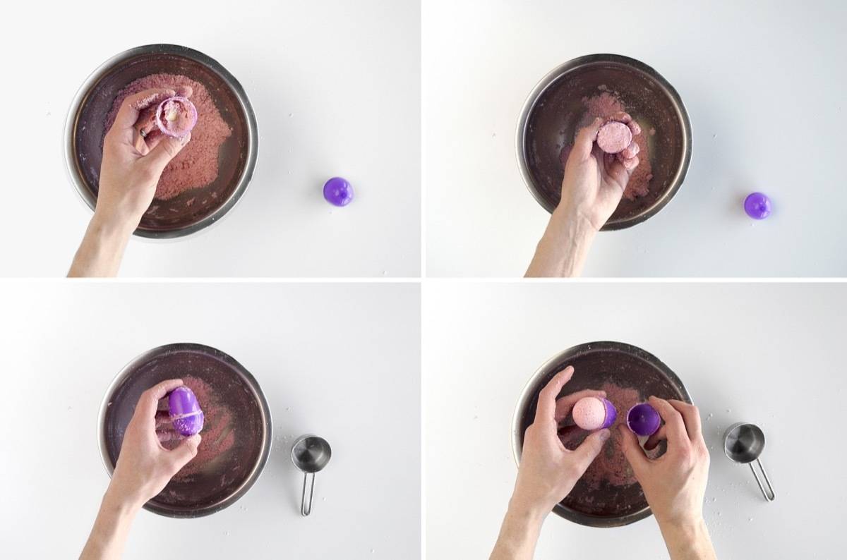 How to make bath bombs at home using a plastic Easter egg as a mold.