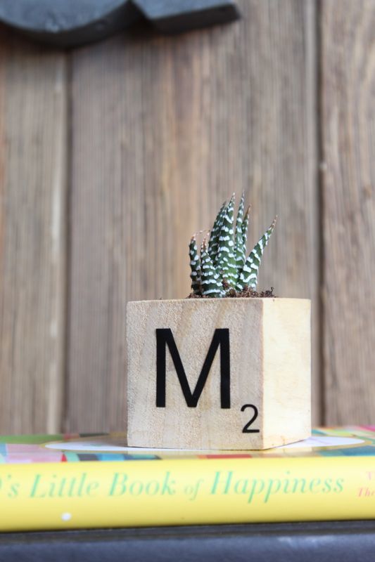 A wooden planter with an M on it has plants in it.