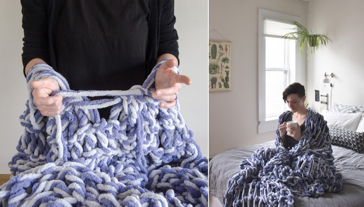 How to Hand Knit a Blanket with Bernat Blanket Big Yarn  Big yarn, Arm  knitting blanket diy, Arm knitting blanket