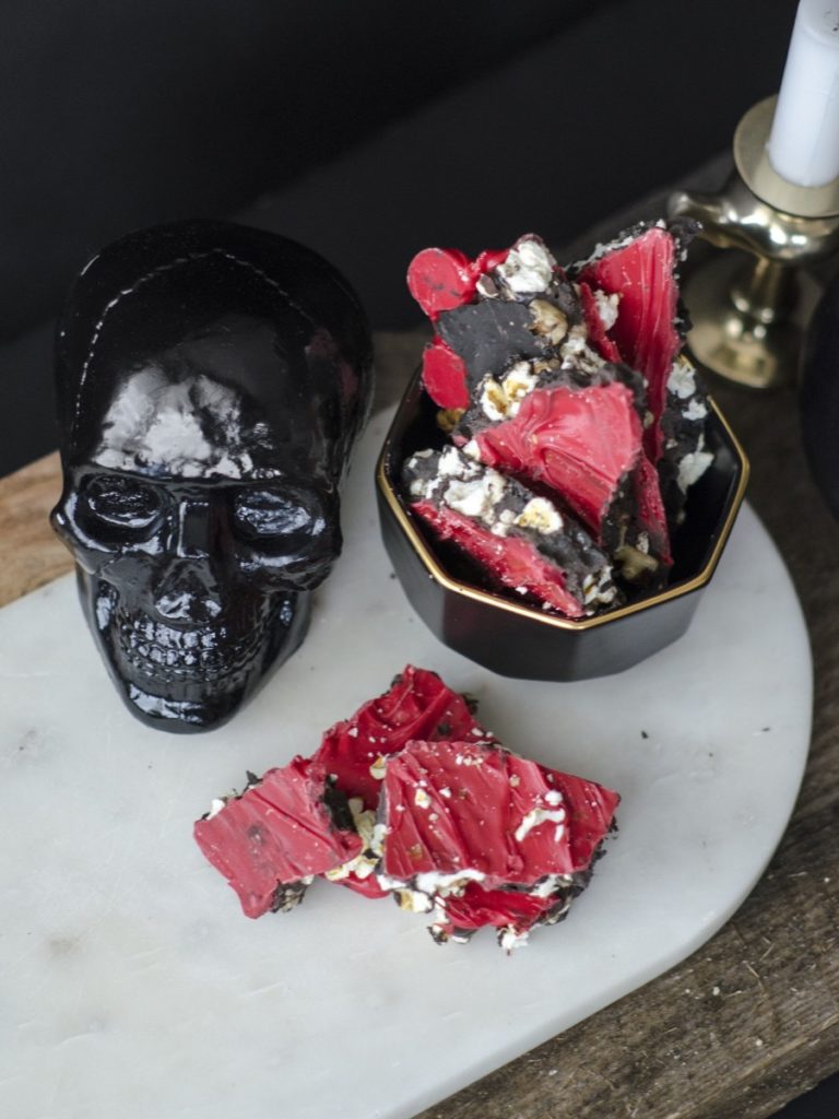 Red and black, sweet and crunchy - check out this recipe for bloody good Halloween bark