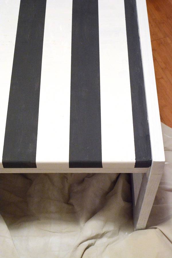 A blue and white striped table on a blanket.