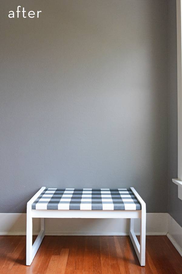 white and gray buffalo plaid table makeover, after