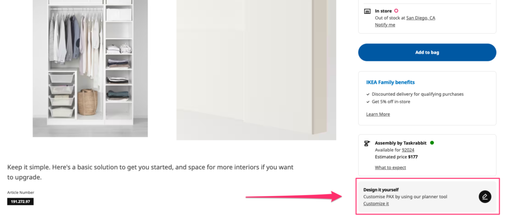 Accessing the PAX planner from a product page.