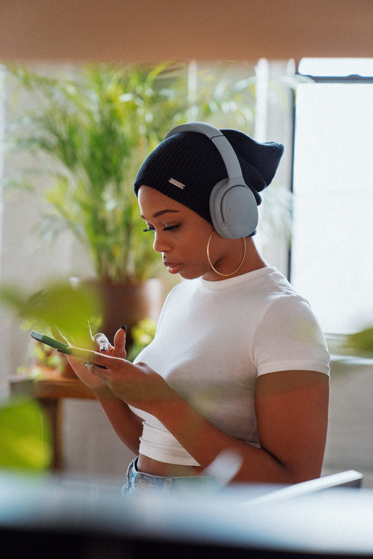 woman listening to a podcast