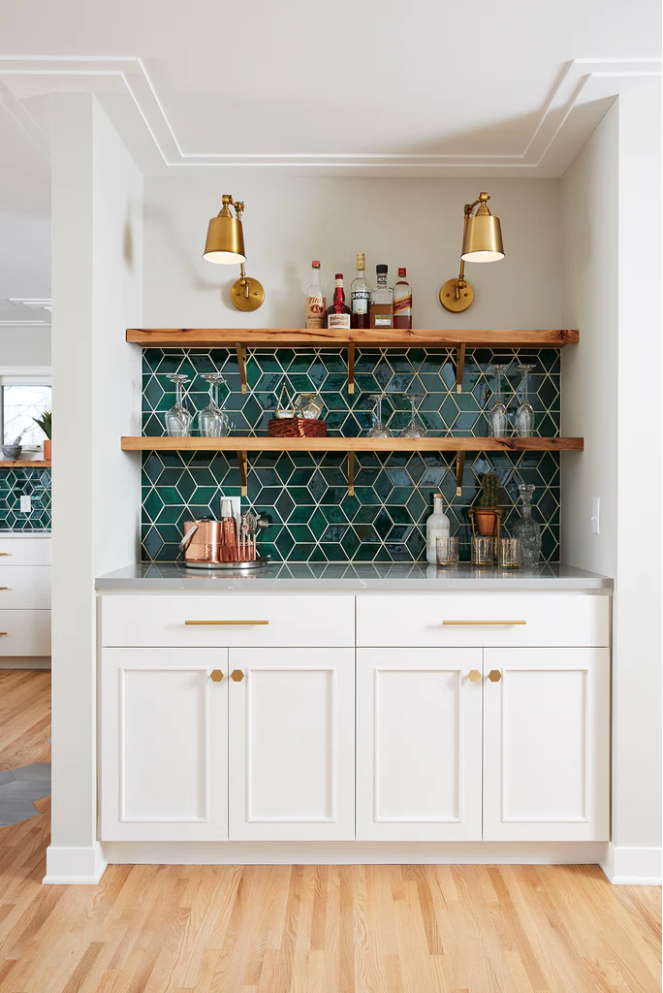 Decorative green bar backsplash from Mercury Mosaic