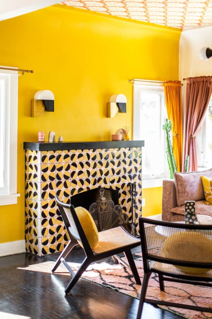 Vibrant and colorful maximalist style fireplace. Modern fireplace idea. 