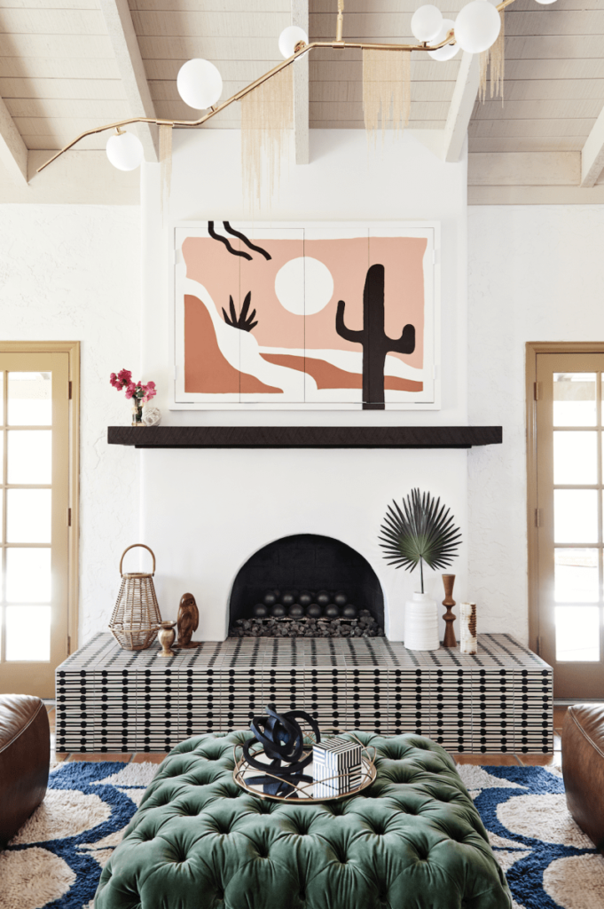 Contemporary Southwest aesthetic adds color and patterns to this living room. Modern fireplace ideas.