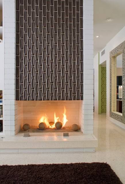 brown geometric tiled fireplace.