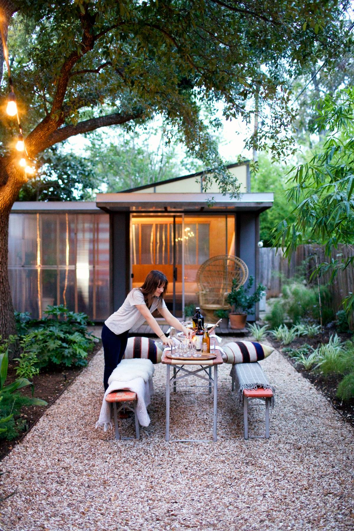 backyard garden space with lights