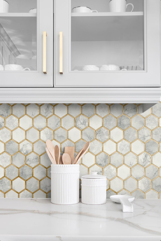 Peel and Stick Gold Inlay Hexagon Geometric Wallpaper (Etsy affiliate link).
