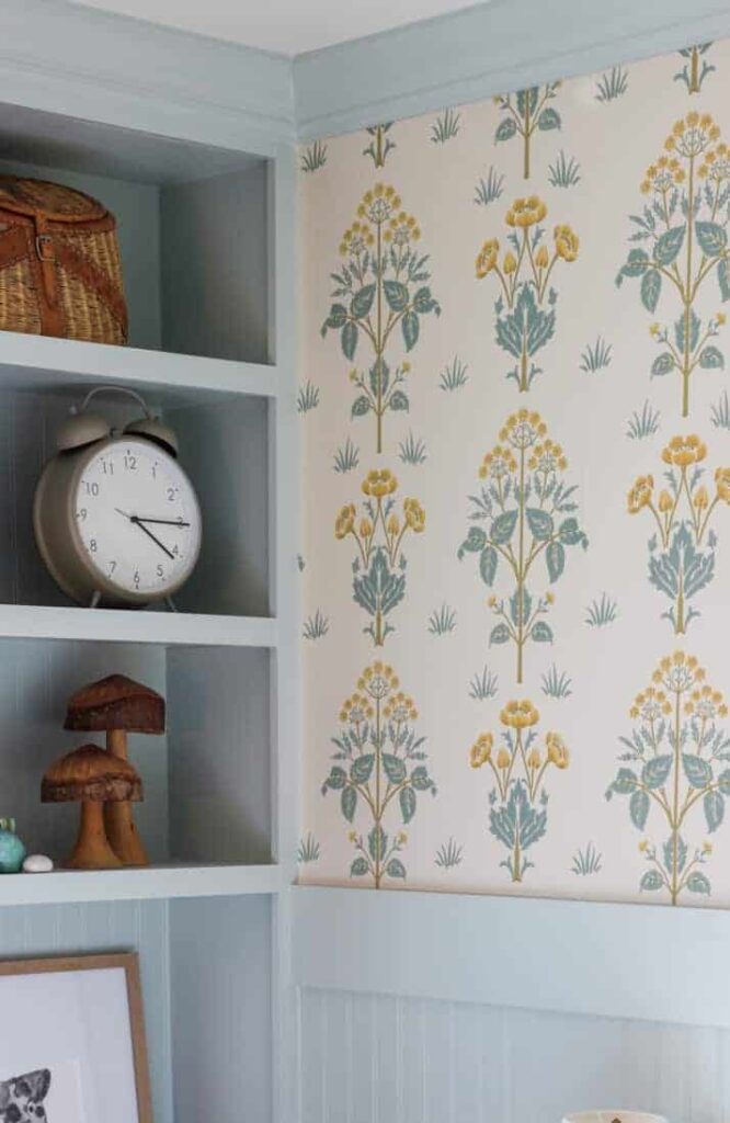 Floral cottagecore wallpaper paired with soft paint colors. Image and wallpaper tutorial at Wildflower Home.