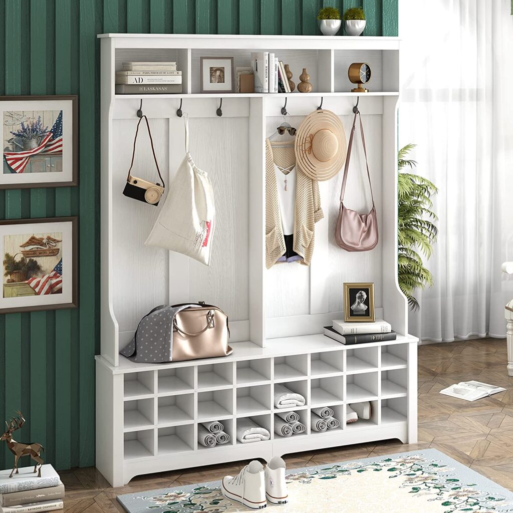 This mudroom bench from Amazon has two dozen storage cubbies for storing your collection of shoes.
