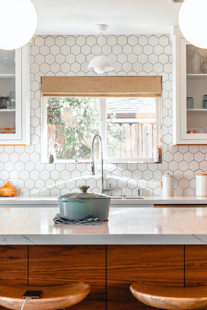 bright, clean kitchen with white tiles