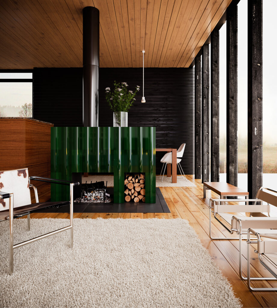 This freestanding fireplace with wood storage makes a bold statement and perfectly divides the family room and dining room. Image from kaufmann-keramik.de.