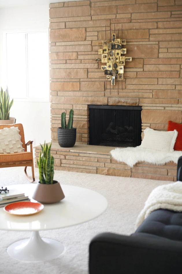 Simple geometric brick fireplace.