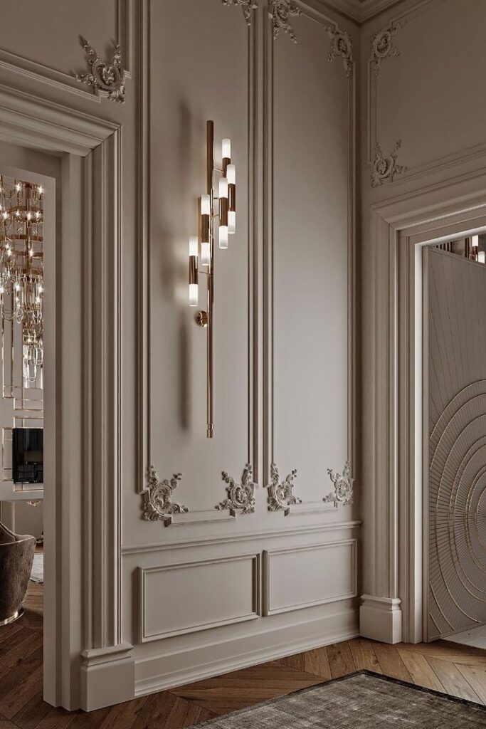 French boiserie modern bedroom wainscoting in beige with floating light