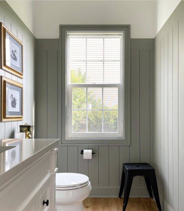 Shiplap wainscoting in a bathroom.