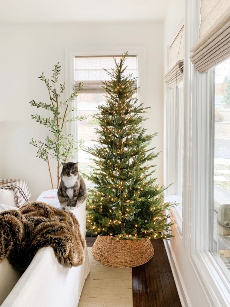 This gorgeous tree (and cat!) from Life on Virginia Street uses a more traditional woven basket tree collar from Pottery Barn.