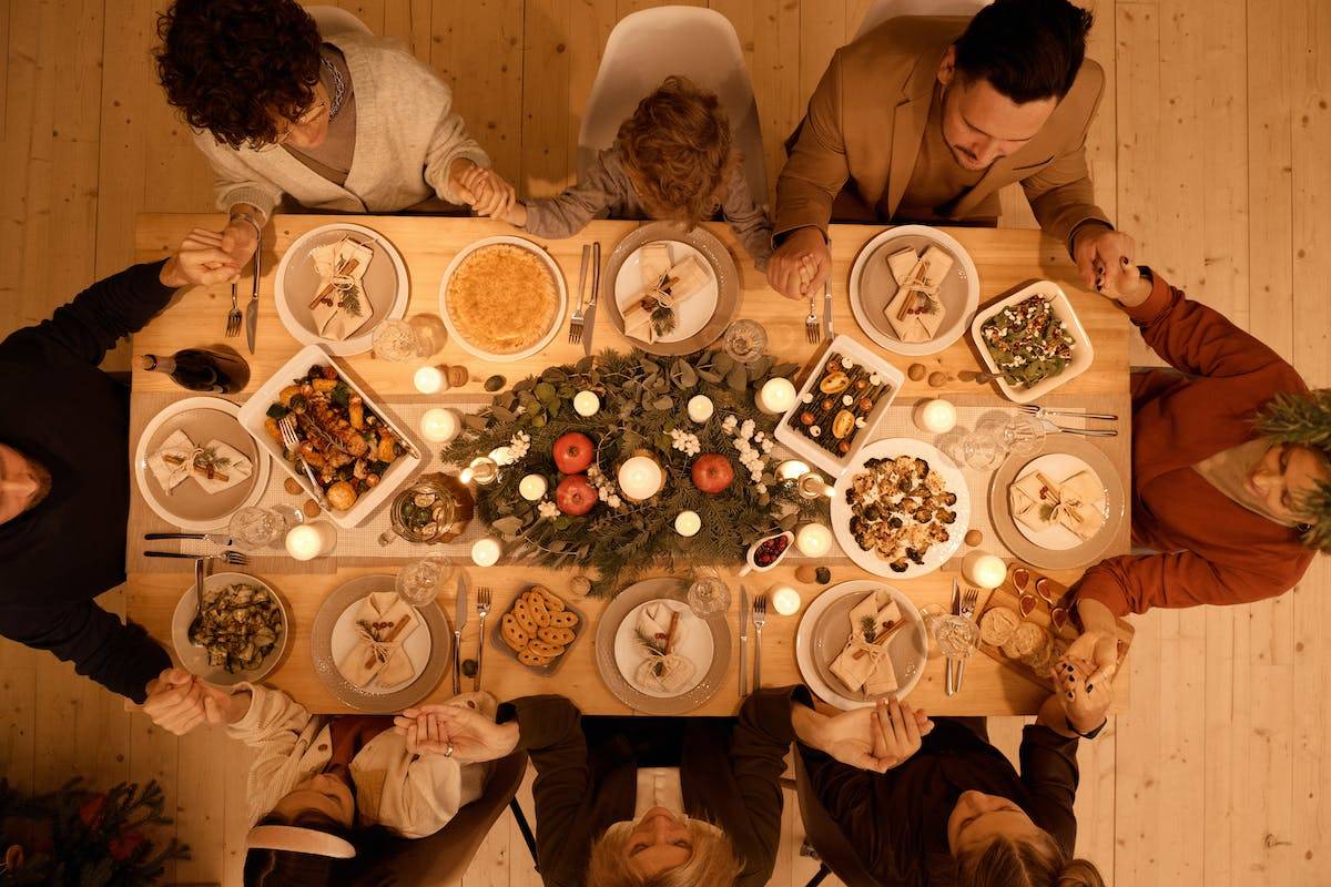 Top View of Group sitting at table for holiday Dinner