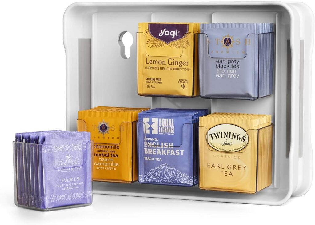 wall mounted tea organizer with removable drawers that holds over 100 tea bags.