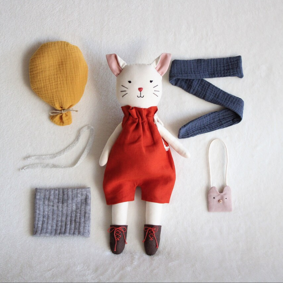 Handmade cat doll with accessories. 